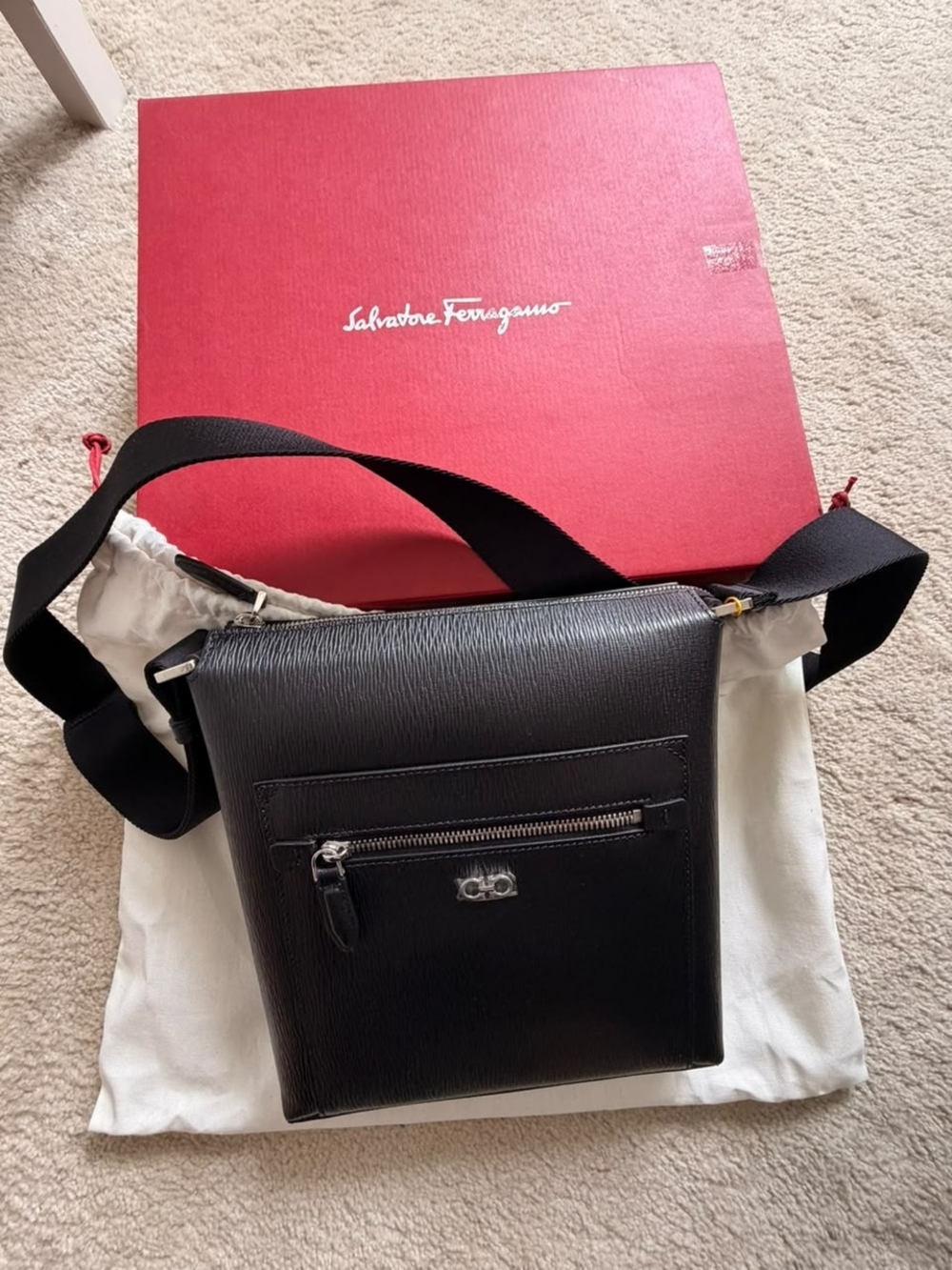 Salvatore Ferragamo Black Leather Messenger Crossbody with Adjustable Strap